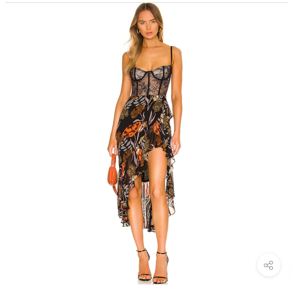 FLOWY RUFFLE HIGH LOW LACE PANEL SLEEVELESS CORSET DRESS - FLORAL